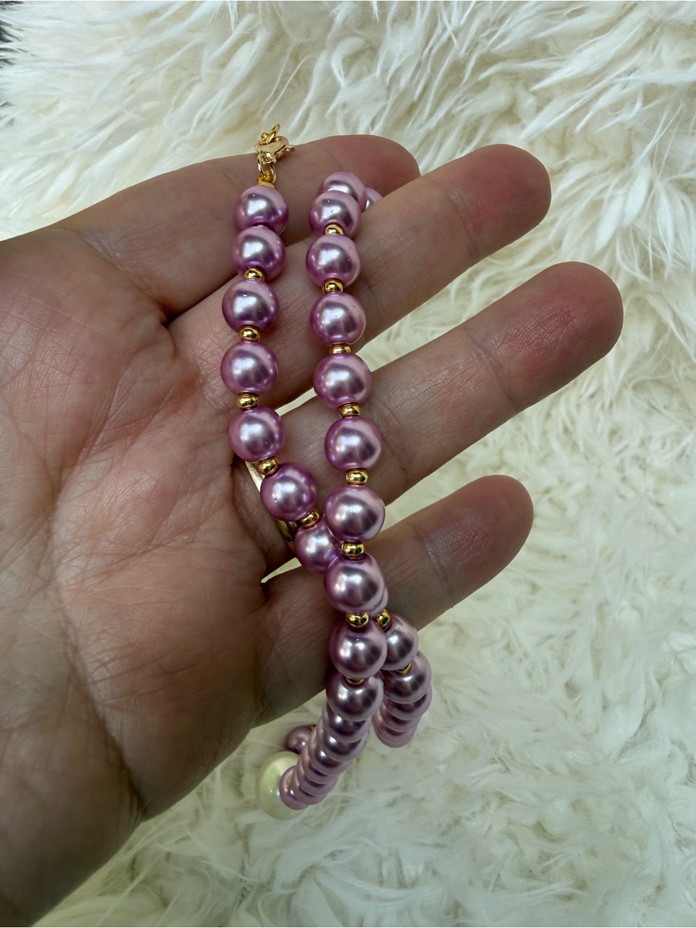 Purple Faux Pearl & Gold Beaded Necklace – 18” with Large Baroque Faux Pearl - Picture 6 of 7
